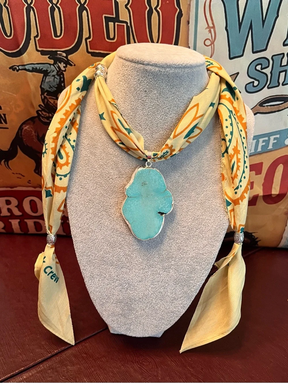 Handmade Turquoise Pendant Prairie Style Bandana, Wild Rag Length, Nostalgic